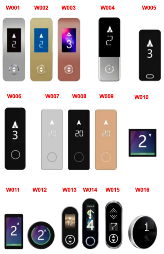 Designer-style push-button and sensor-type elevator call panels of the FUJI space - W series
